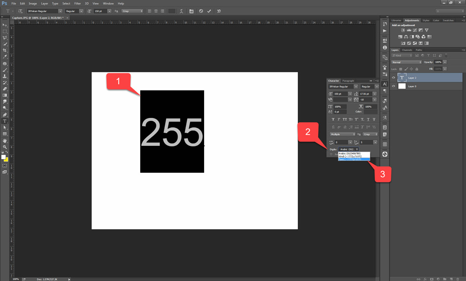 تایپ اعداد فارسی در فتوشاپ