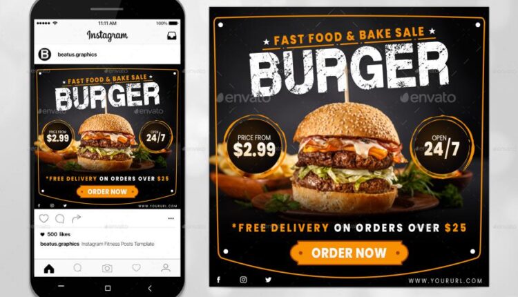 فایل لایه باز پست اینستاگرام فست فود و رستوران Instagram Restaurant