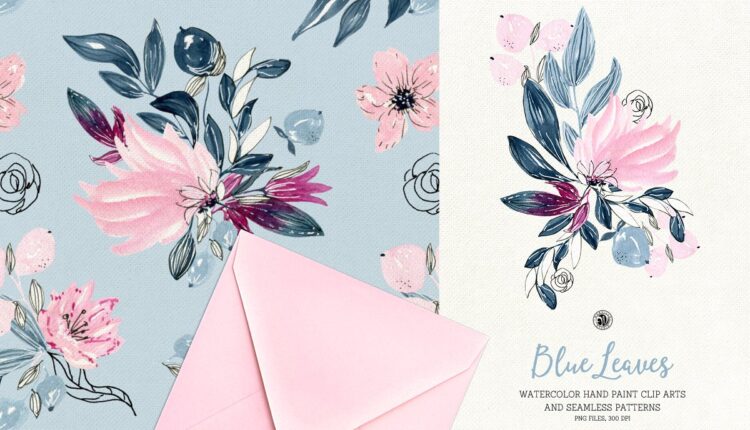 تصاویر png برگ ها و گل های آبرنگی آبی   Blue Leaves