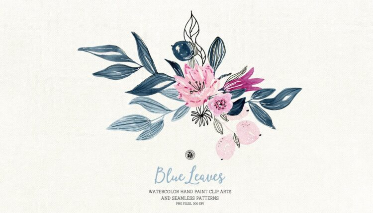 تصاویر png برگ ها و گل های آبرنگی آبی   Blue Leaves