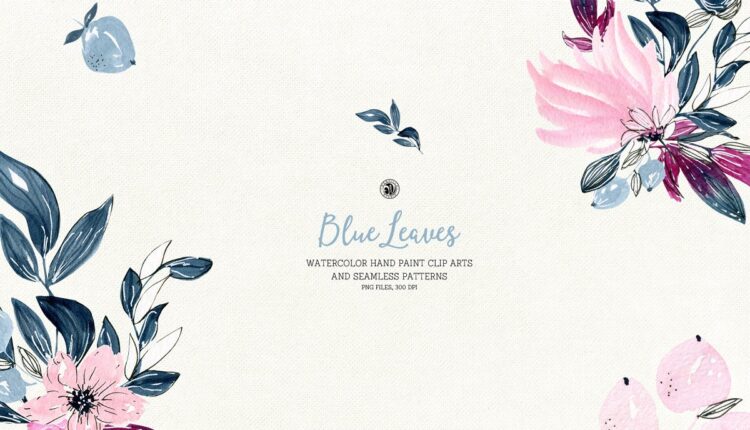 تصاویر png برگ ها و گل های آبرنگی آبی   Blue Leaves