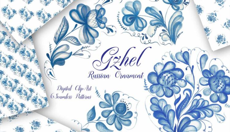 تصاویر PNG آبرنگی گل های آبی   Gzhel watercolor clipart