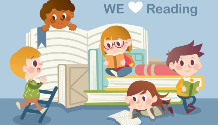 تصویر سازی دیجیتال کودک در حال مطالعه   We love reading