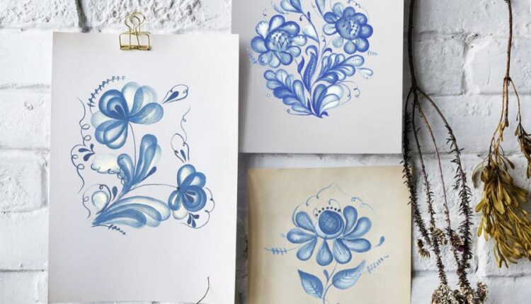 تصاویر PNG آبرنگی گل های آبی   Gzhel watercolor clipart