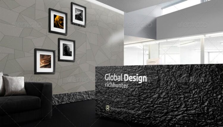 موکاپ لوگو در طراحی داخلی پذیرش ساختمان   Mock up Logo 3D