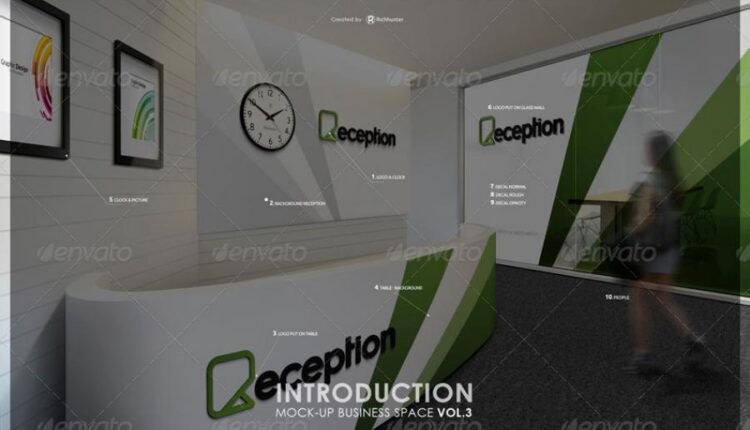 موکاپ لوگو در طراحی داخلی پذیرش ساختمان   Mock up Logo 3D