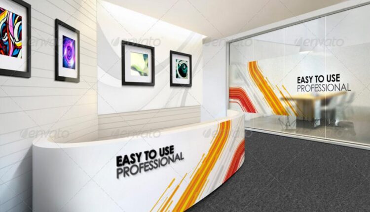 موکاپ لوگو در طراحی داخلی پذیرش ساختمان   Mock up Logo 3D