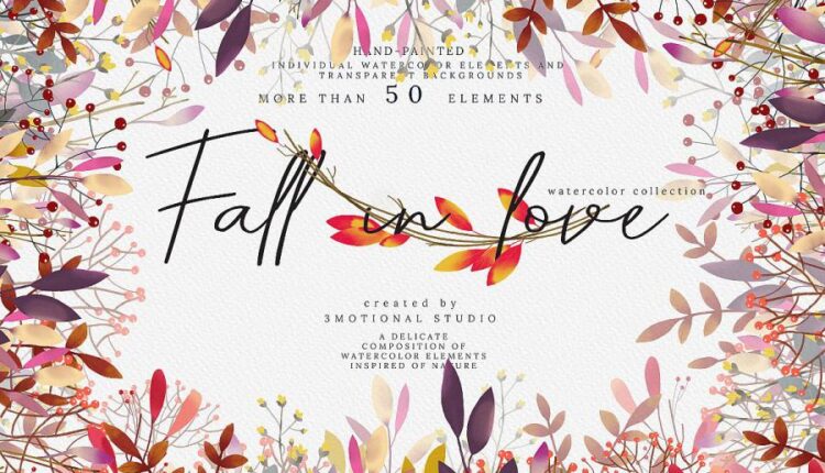 تصاویر png برگ و گل های آبرنگی پاییزی   Fall in Love Watercolor