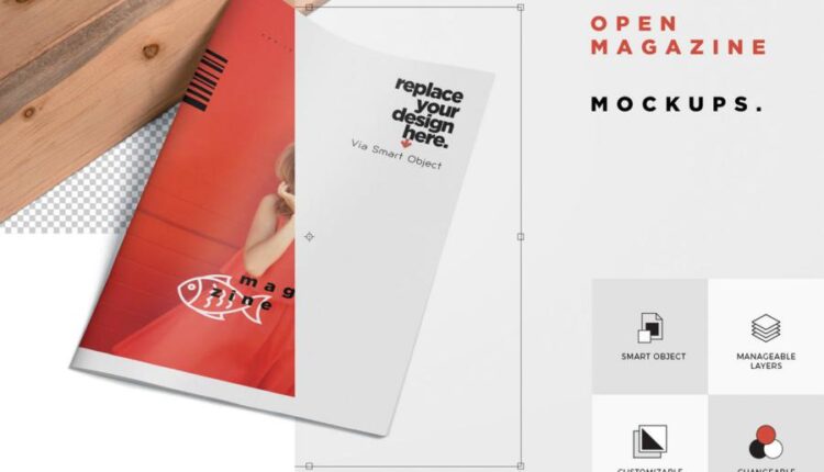 موکاپ مجله تبلیغاتی   Open Magazine Mockups for Ad Designs