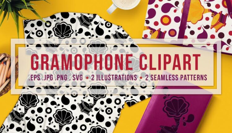 مجموعه کلیپ آرت و پترن بدون درز گرامافون   Gramophone Clipart