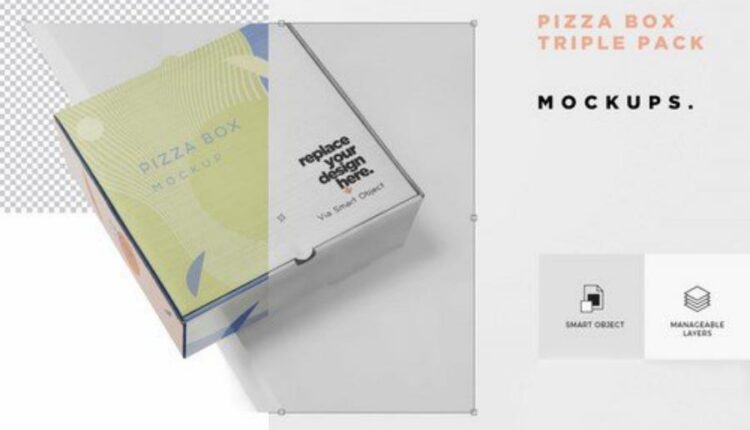 موکاپ جعبه پیتزا به صورت سه تایی   Pizza Box Mockup