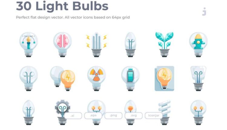 30 وکتور لامپ های متنوع   Light Bulbs Icons