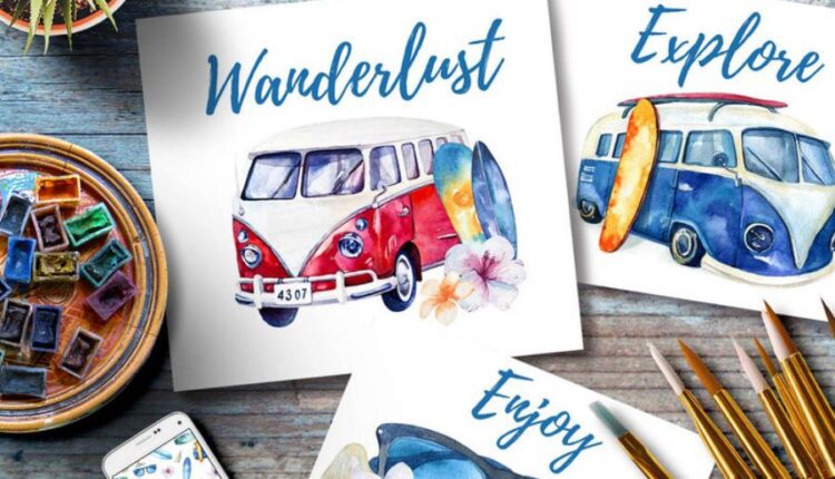 تصویرسازی های آبرنگی سفر و مسافرت   Transport Watercolor Set