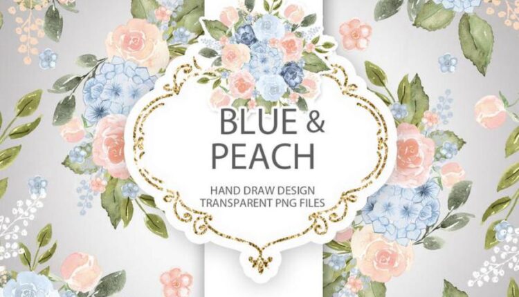 تصاویر png گل های آبرنگی آبی و هلویی   Watercolor Blue Peach