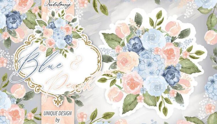 تصاویر png گل های آبرنگی آبی و هلویی   Watercolor Blue Peach