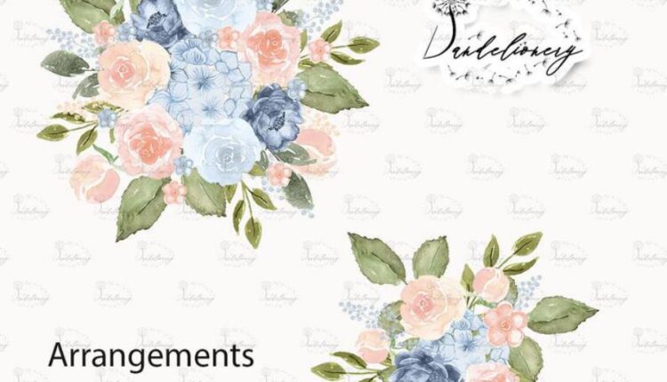 تصاویر png گل های آبرنگی آبی و هلویی   Watercolor Blue Peach