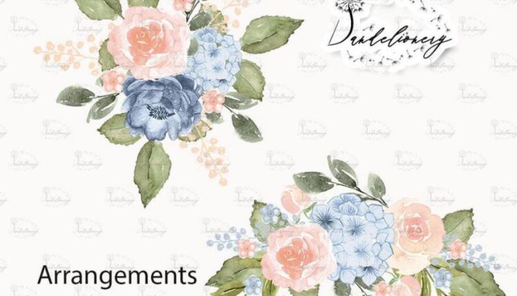 تصاویر png گل های آبرنگی آبی و هلویی   Watercolor Blue Peach