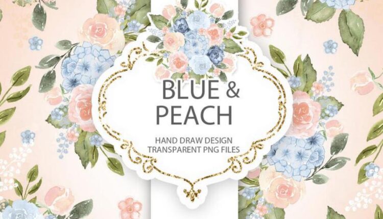 تصاویر png گل های آبرنگی آبی و هلویی   Watercolor Blue Peach