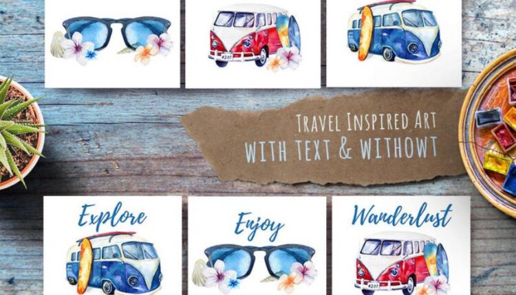 تصویرسازی های آبرنگی سفر و مسافرت   Transport Watercolor Set