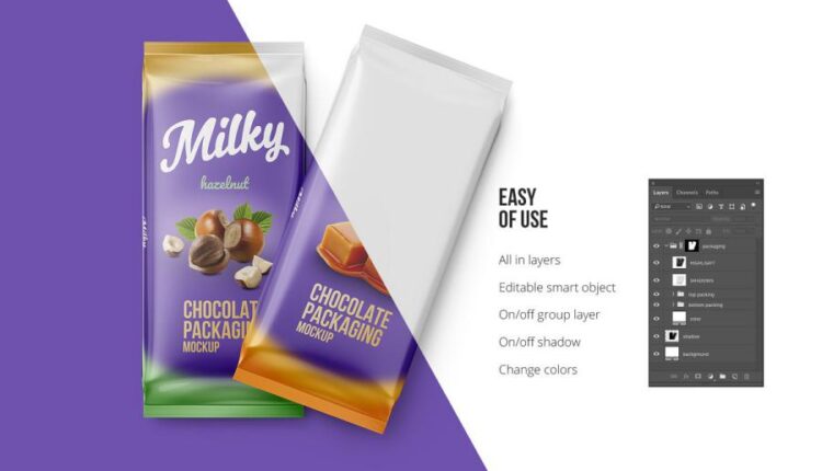 دو موکاپ بسته بندی شکلات تخته ای   Two Chocolate Bar Mockup
