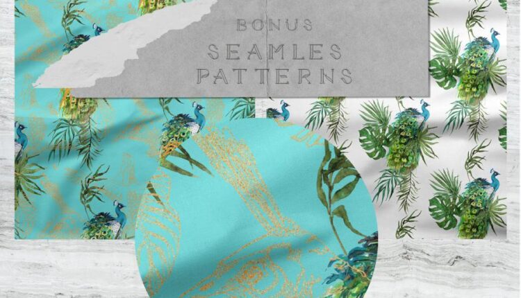 مجموعه بافت ها و نقوش طاووس آبی   Peacock Blue Watercolor