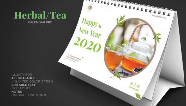 فایل لایه باز طرح تقویم با موضوع دمنوش های گیاهی   2020 Calendar