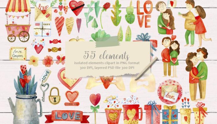 عکس PNG آبرنگی روز ولنتاین   Valentines Day Watercolor