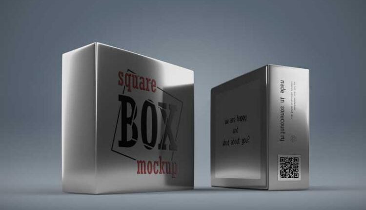 موکاپ جعبه متالایز نقره ای – Square Box Mockup Set