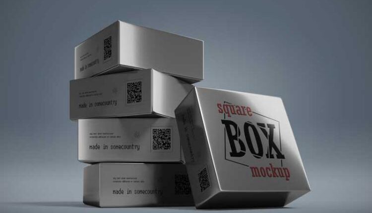 موکاپ جعبه متالایز نقره ای – Square Box Mockup Set